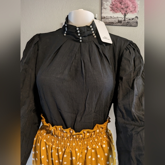 Polka dot print Shirred pants,stand Collar Flounce long sleeve shirt, dress - Picture 7 of 7